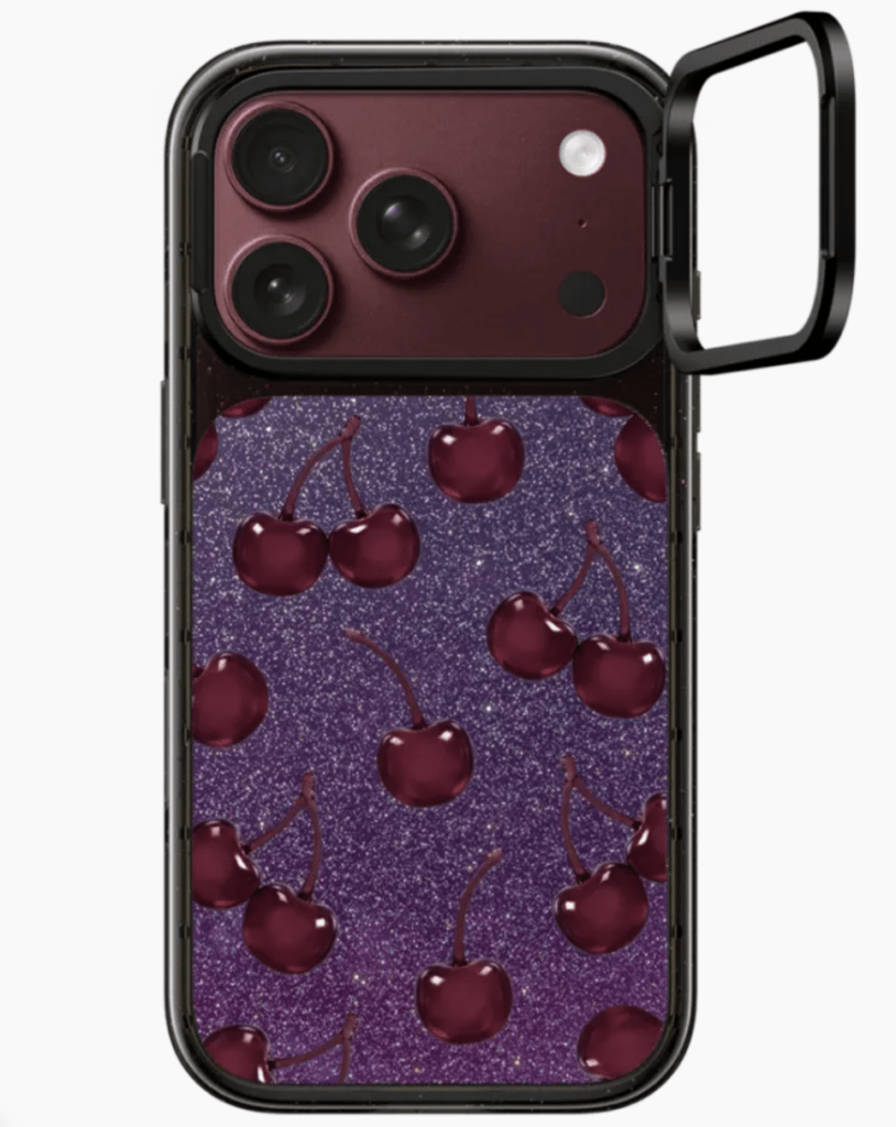 CASETiFYのグリッター背面にチェリー柄を重ねたインパクト リングスタンド ケース