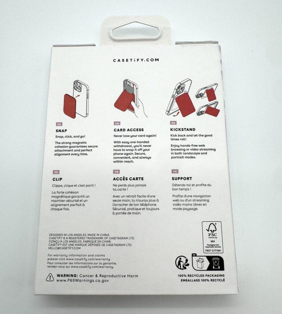 CASETiFY ミラーカードホルダースタンドのパッケージ裏面の使い方説明
