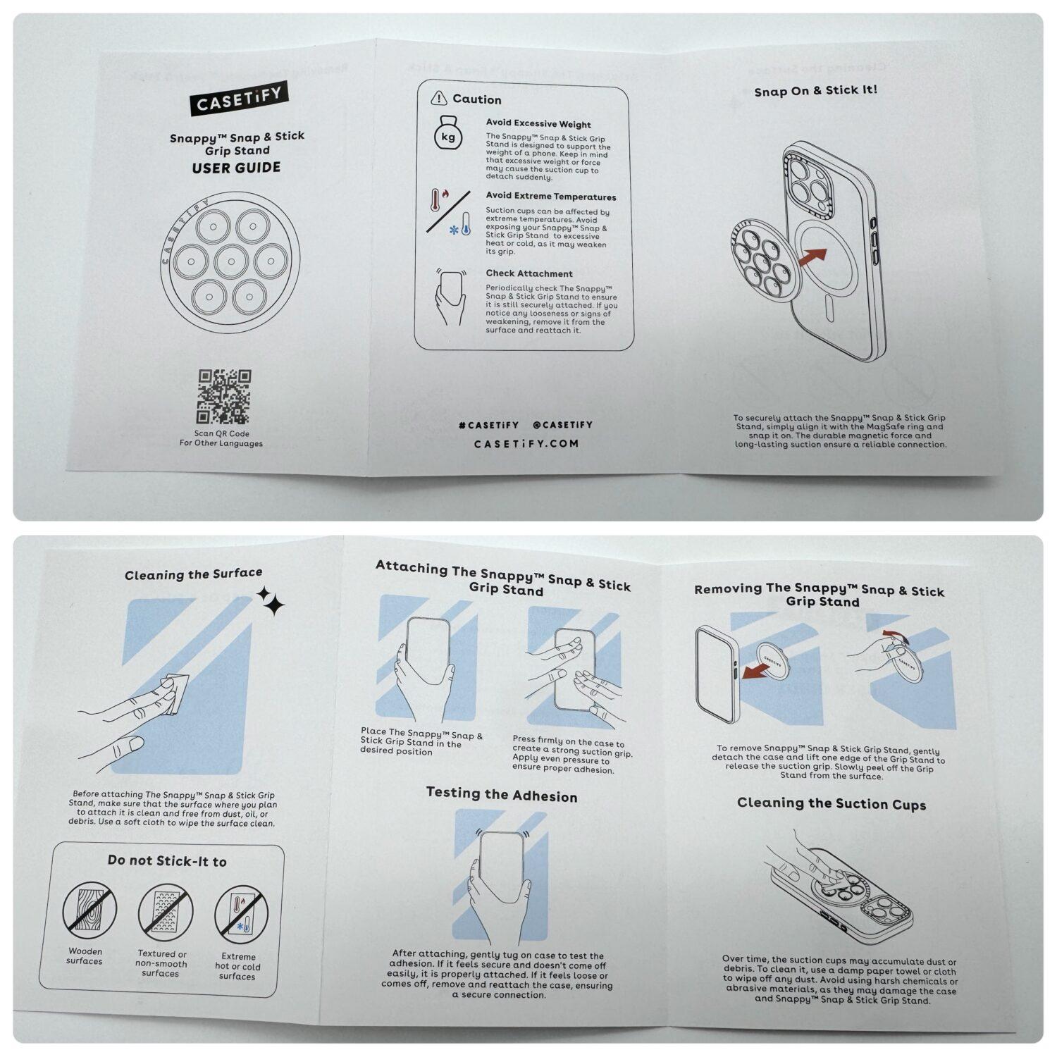 CASETiFY Snappy スナップ & スティック グリップスタンドのユーザーガイド裏面(取り付け手順)
